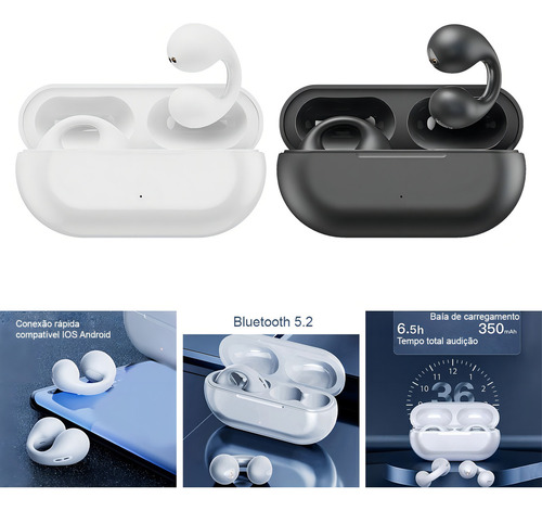 Fone De Ouvido Sem Fio Bluetooth Condução Óssea Clip Ear Cor Preto