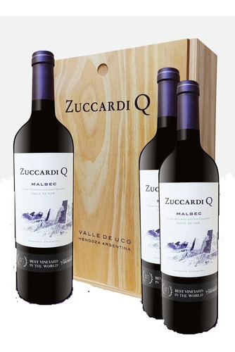 Vino Zuccardi Q Malbec X 3 Botellas Caja Madera Regalo
