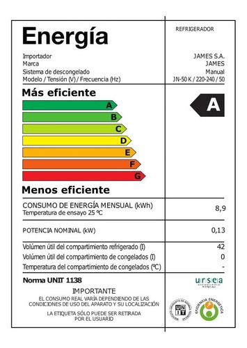 Imagen 7 de 7 de Heladeras Frigobar James J50k 46 Lts Con Congelador Gtia Pcm