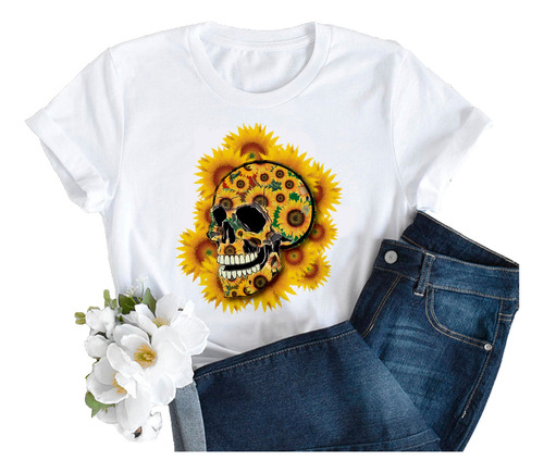 Remera Dama Mujer Moda Hipichic Cara Calavera Rosas Flor #07