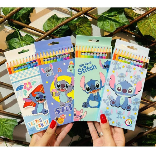 Caixa Com 12 Lápis De Cor Stitch Kawaii Papelaria Fofa Film Stitch C