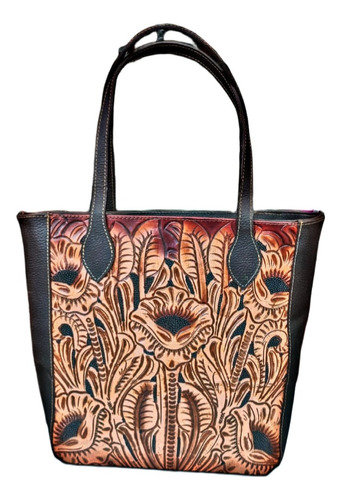 Bolso Piel Cincelado A Mano Artesanal Floreado Grande Tote 