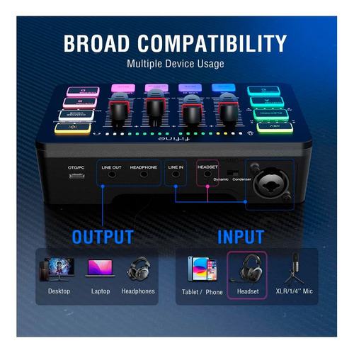 Mixer Fifine Sc3 Blanco Usb-c Xlr Rgb 50db Para Streaming