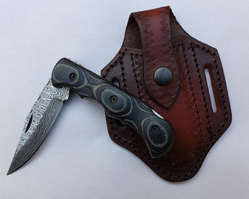 Navaja Plegable Acero Damasco Mango Micarta Color Negro Con Gris