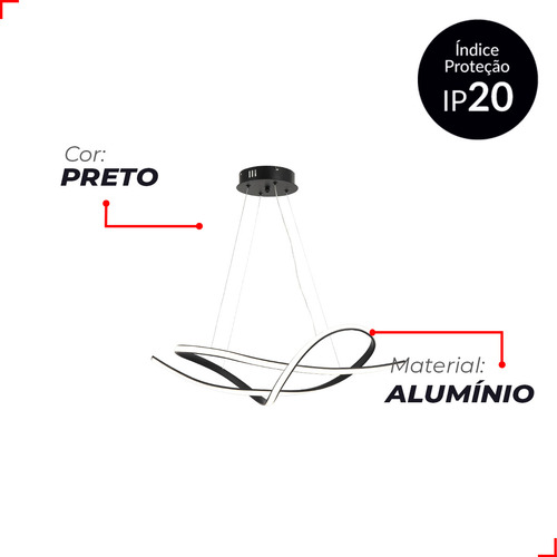 Lustre Pendente 36w 3 Em 1 Led Eva 3000k/6500k Preto Avant 127/220V