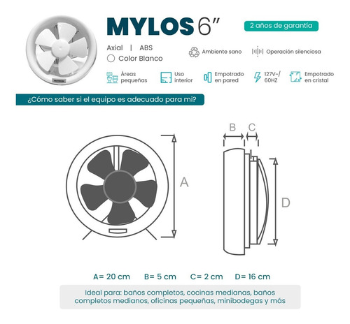 Imagen 4 de 10 de Extractor De Aire Mylos 6 Pulgadas Blanco Masterfan Cristal