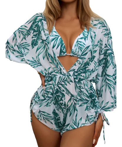 Traje De Baño Dama 3 Pzas Bikini Y Salida De Playa Jumpsuit