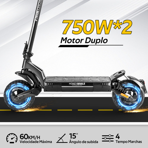 Scooter Elétrico Honey Whale T5 Patinete Elétrico Velocidade 60km/h Motor 750W*2 Bateria 15AH Autonomia 50KM APP Bluetooth Carga de 120 kg HONEY WHALE