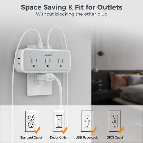 Extensor De Enchufes MĂșltiples Tessan Con 5 Enchufes Y 3 Usb