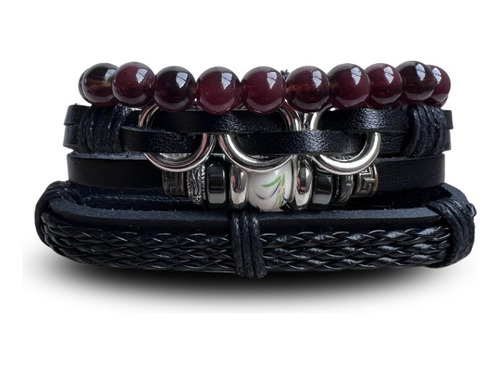 Manilla Pulsera Set De 4 Trenzado Cuero Con Dije Hombre