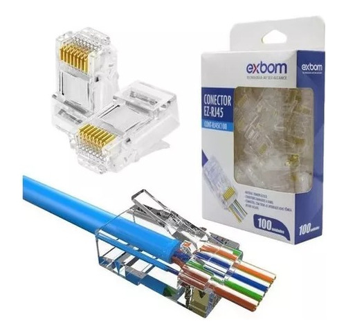 100 Conector Rj45 De Passagem Ez Plug Cat5e Contato Em Ouro