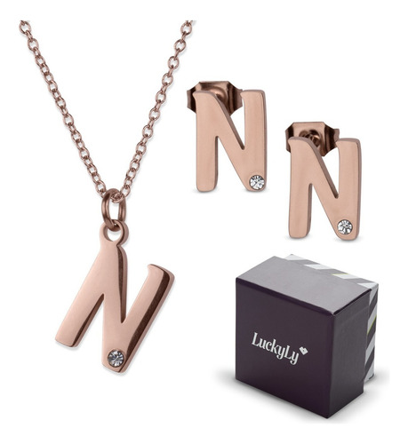 Set Joyería Mujer, Aretes Collar Inicial Letras Luckyly Color N