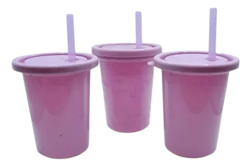 Set 3 Vasos Con Tapa Y Popote Plastico