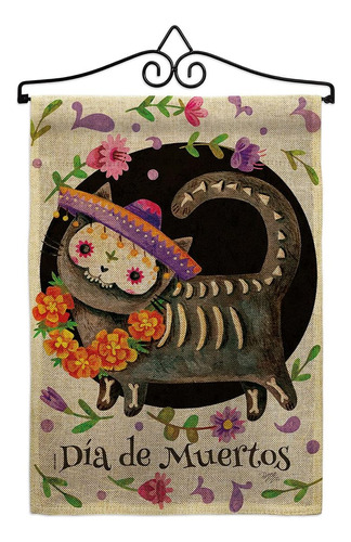 Breeze Decor Dia De Muertos Cat Arpillera Jardín Bandera Set