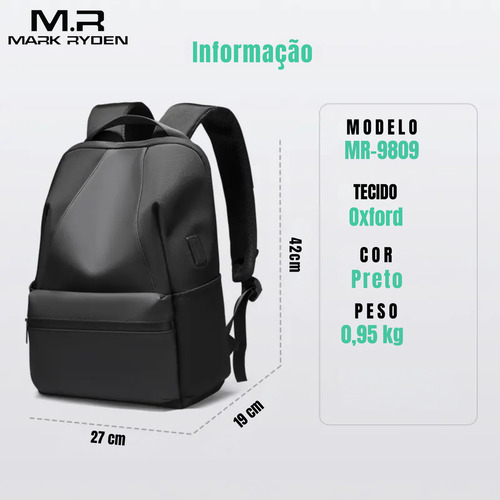 Mochila Bolsa Casual Notebook 15.6' Porta Usb, Modelo Urban Explorer Pro Mark Ryden Preto Liso