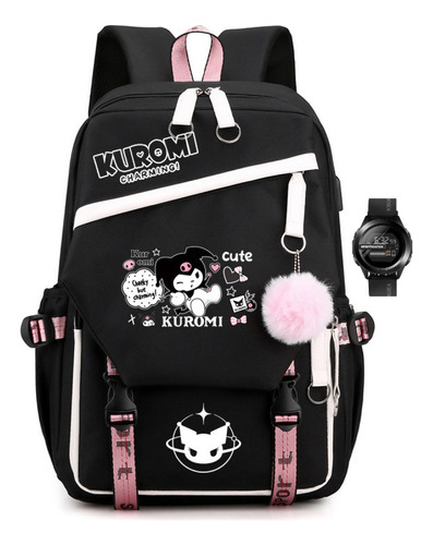 Mochila Escolar De Gran Capacidad Y Reloj Kuromi Melody, Col