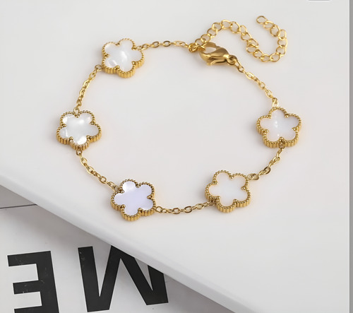 Pulsera Flores Trébol Tipo Van Cleef Acero Inoxidable Blanco 19 Cm