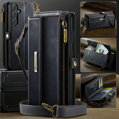 Funda Tipo Cartera Con Cierre De Piel Con Cordón Para Samsung Galaxy S25 Edge S24 Fe S23 Plus S22 Ultra S21 A16 A56