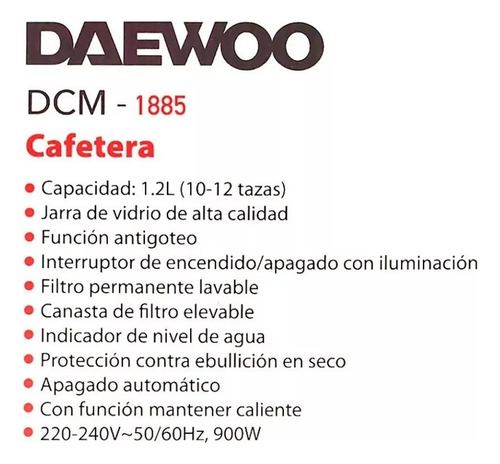 Cafetera Automática De Filtro 1.2l 12 Tasas 900w Daewoo !! Negro