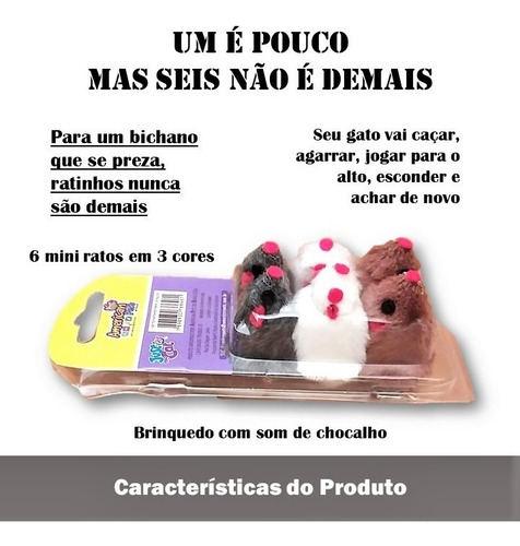 Imagem 2 de 8 de Brinquedo Para Gato 6 Mini Ratinhos Pelúcia 3 Cores Sonoros