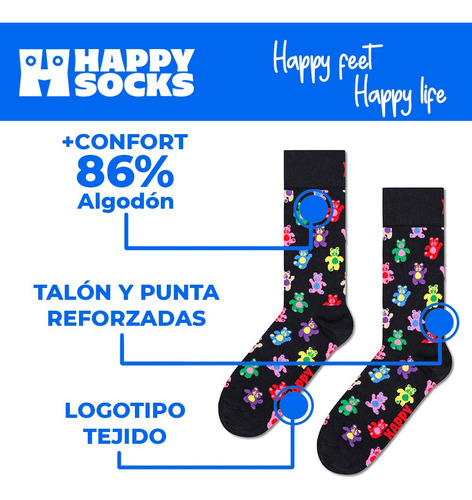 Calcetines Happy Socks Originales Ositos Bear Sock Reforzado Negro Estampado 22 Cm - 25 Cm Del Pie