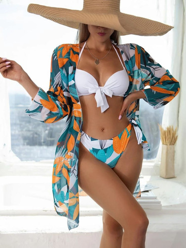 Conjunto De Pareo De Playa Tipo Kimono For Mujer + Bikini