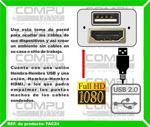 Imagen 3 de 6 de Toma De Pared Hd X1 + Usb X1 Ref: Fac24 Computoys Sas