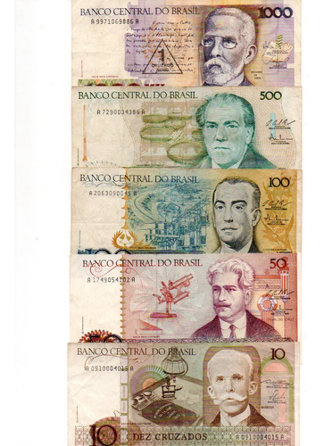 Brasil Lote 5 Billetes 10 A 1000 Serie Cruzados Decada '80