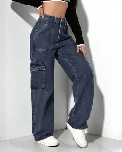 Calça Jeans Feminina Cargo Pantalona Wide Leg Cintura Alta