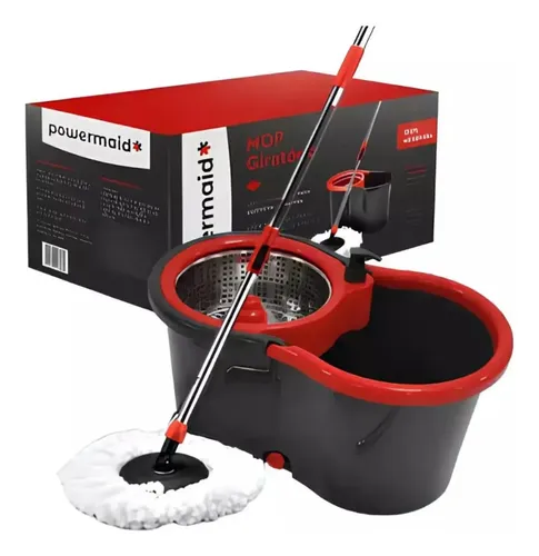 Mop Giratório Balde Aço Inox Vassoura Rodo Limpeza Esfregão Cor Vermelho