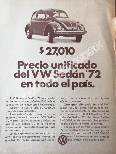 Cartel Retro Autos Volkswagen Vocho 1972 /650