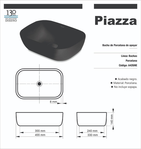 Bacha Para Baño Black Apoyo Piazza A426 Porcelana Negra Acabado Negro Satinado Color Negro