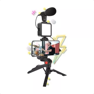 Kit Blog Streaming Tripode Iluminador Luz Led Microfono Vlog