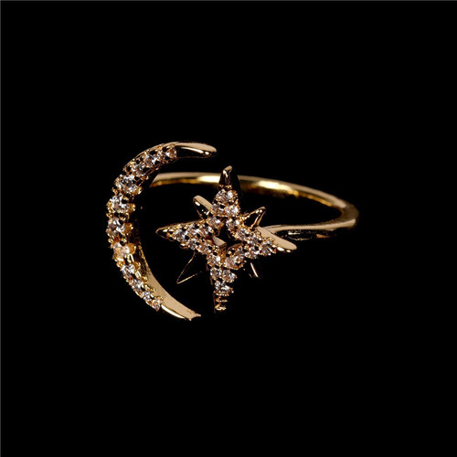 Imagen 3 de 6 de Anillo Luna Estrella Ajustable Baño De Oro 18k