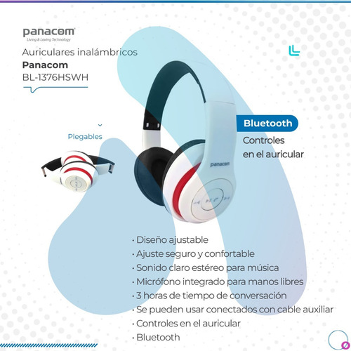 Imagen 2 de 7 de Auriculares Panacom Bl-1376hswh Vincha Bluetooth Blanco Full