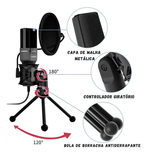 Microfone Condensador Mesa Com Pop Filter Streaming Podcasts