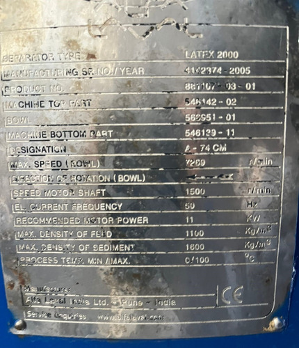 Centrífugo 15 Hp Modelo Latex 2000 Marca Alfa Laval