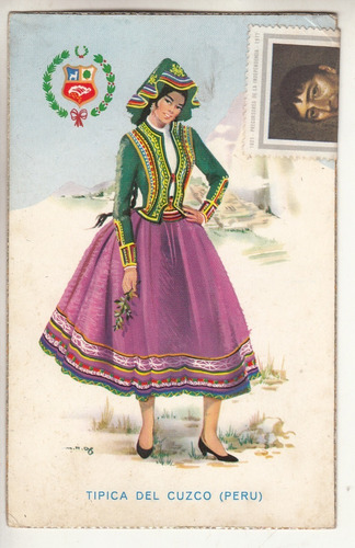 Postal Ilustracion Mujer Traje Tipico De Cuzco Peru Cursada