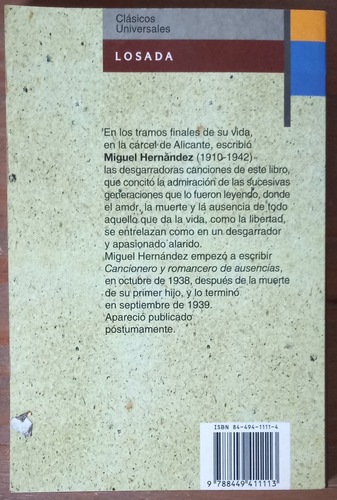 Hernández Miguel/ Cancionero Y Romancero Ausencias/ Excelent (Usado)