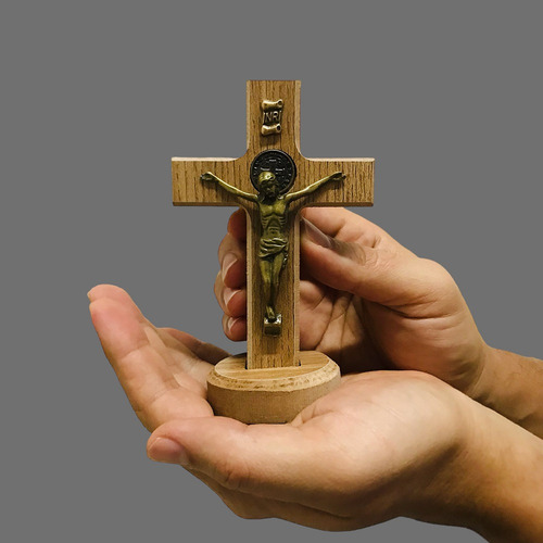 Crucifixo Cruz Mesa Parede Medalha São Bento Madeira 12cm