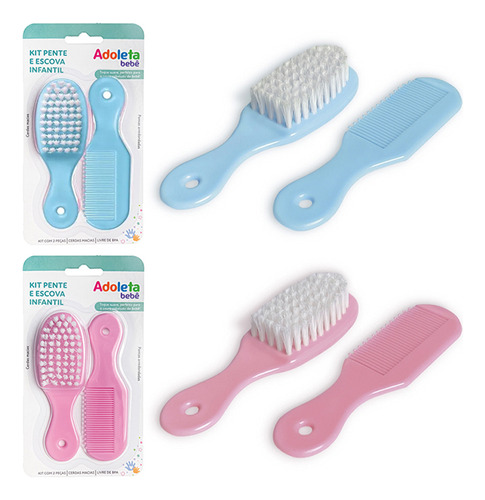 Kit Escova E Pente Para Bebe Cabelo Cerdas Macias - Adoleta Cor Rosa