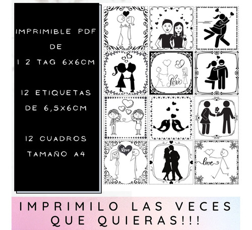 Imagen 3 de 6 de Kit Imprimible Pdf3 San Valentín Bn Tag Etiquetas Cuadros A4