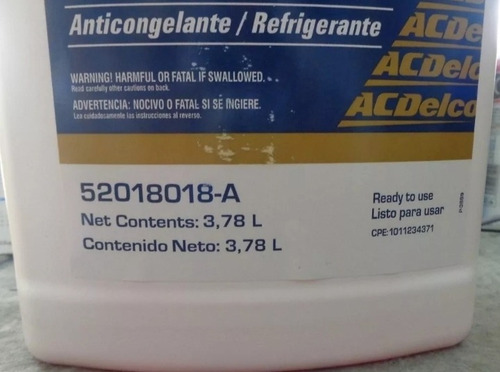 Imagen 3 de 9 de Refrigerante Acdelco Color Naranja 3.78 Lt Original