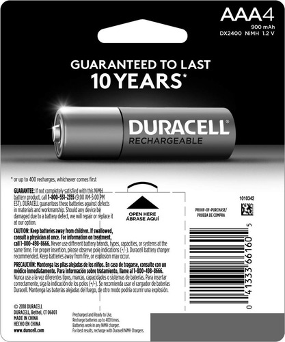 Imagen 3 de 4 de Paquete Con 4 Baterias Aaa Recargables Duracell Dx2400