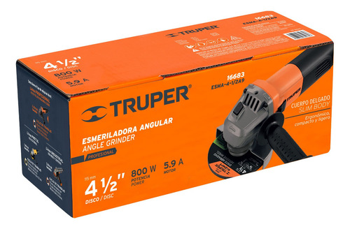Esmeriladora angular Truper Profesional ESMA-4-1/2A9 de 60 Hz color naranja 800 W 127 V + accesorios