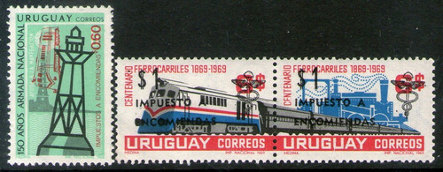 Uruguay 3 Sellos Mint Trenes Se-tenant Y Faro Boya 1971-72 