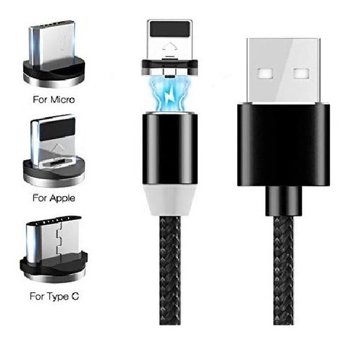 Cable Magnetico 3 En 1 Micro Usb Tipo C Lightning Para Ipho Color Negro Negro