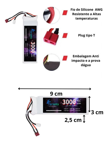 Bateria Recarregável Lipo 3s 11.1v Rc Plug T 3000 Mah 45c Wltoys Mjx Jjrc Automodelo Barco Avião Aero