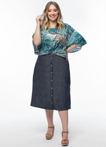 Imagem 6 de 9 de Blusa Feminina Plus Size Estampa Folhagem Manga Ampla 3/4