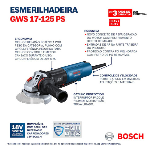 Gws17-125ps Esmerilhadeira Angular 5 De 1700w Bosch 220v